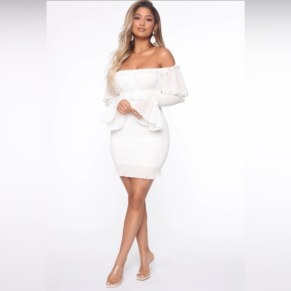 NWT Fashion Nova Kiss And Tell White Smocked Off Shoulder Mini Dress Size S